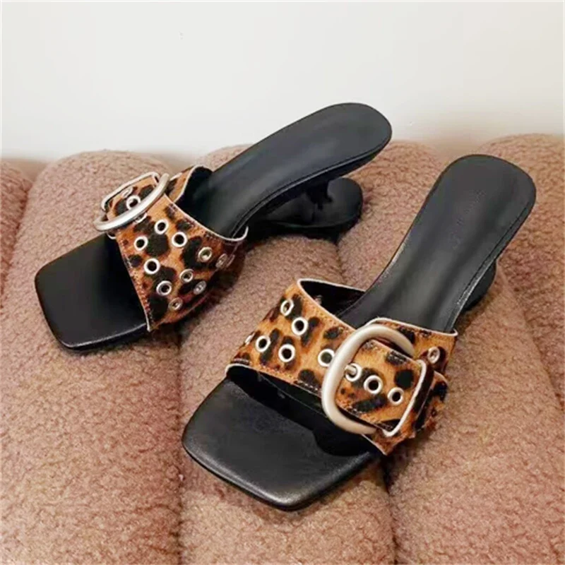 

Aneikeh Women Leopard Print Kitten Heel Sandals Buckle Square Toe Open Toe Slides Low Heel Slip on Mules Summer Casual Slippers