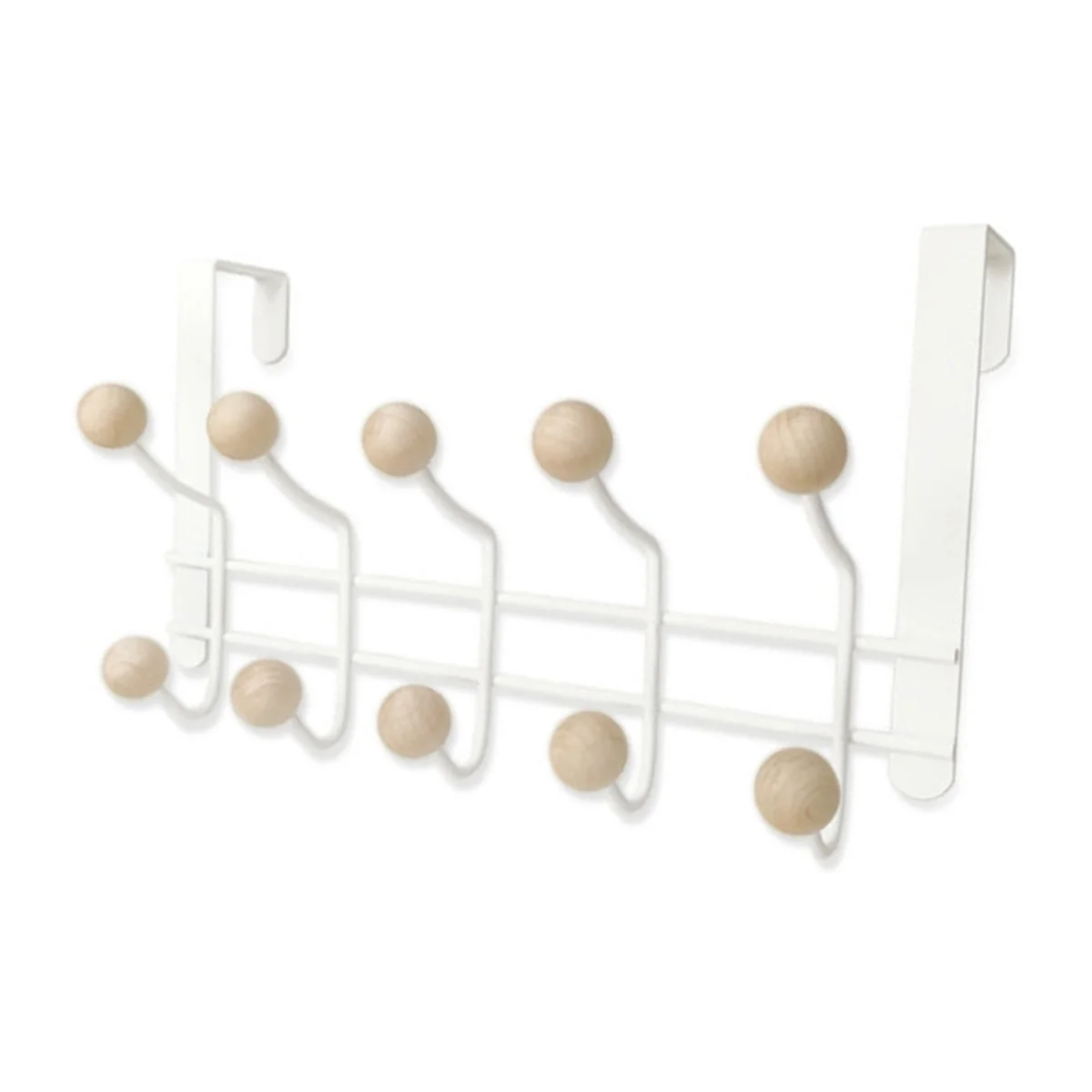 5 Hooks Over Door Hanger with Wooden Balls, Multi Functional Modern Design for Home Entrance, Wardrobe, Bathroom