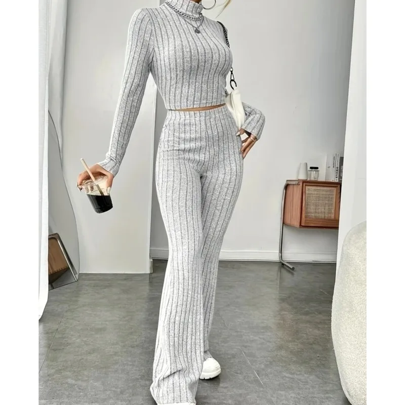 Women autumn grey crop top slim fit pants set fashionable and elegant temperament pullover two-piece knitted set autumn clothing