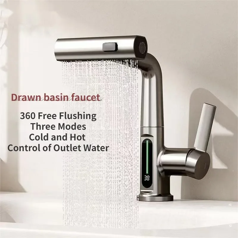 

Waterfall Pull Out Kitchen Faucet White Intelligent Digital Display Cold Hot Mixer Taps Rotatable Sink Lifting Basin Faucet