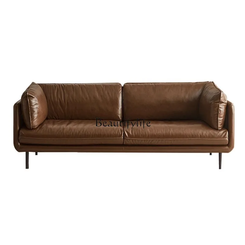 

Retro oil wax leather down sofa Nordic simple medieval straight row leather sofa
