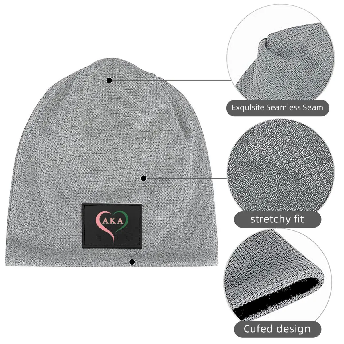 Sorority Gifts AKA Waffle Knit Fleece Lined Beanie with PU Leather Patch Unisex Warm Winter Soft Cap