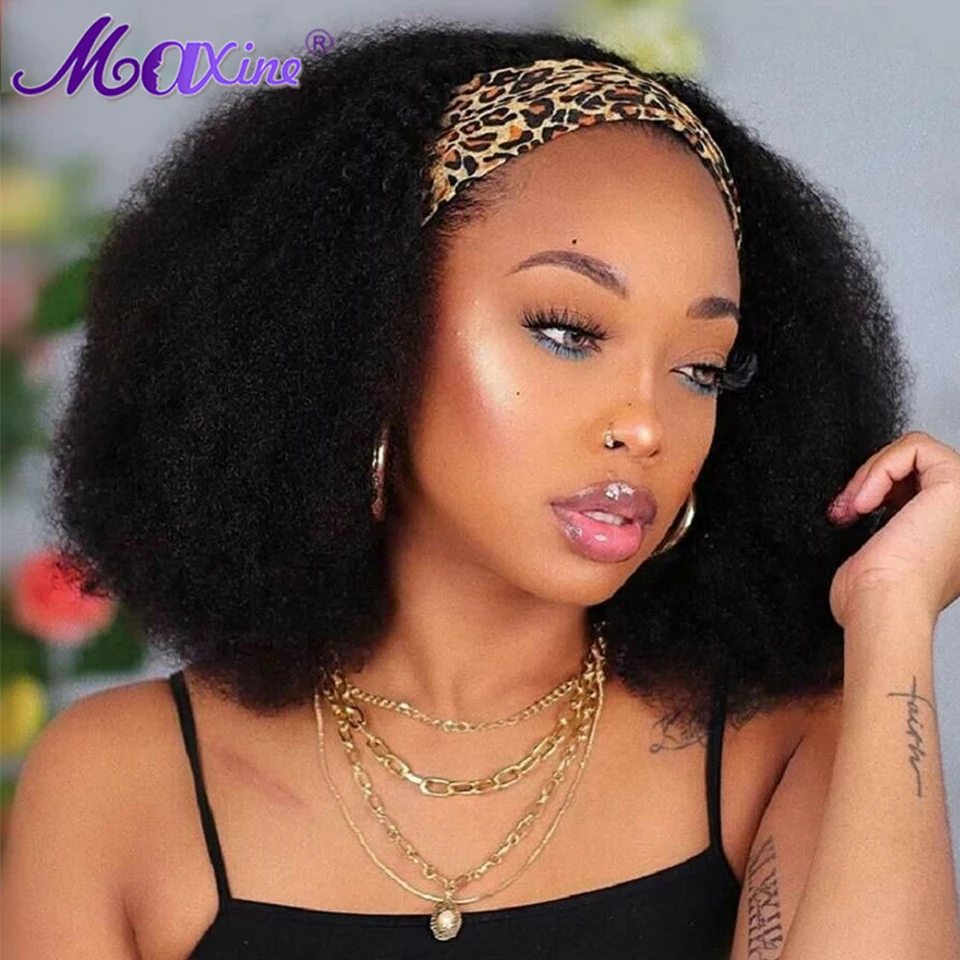 Afro Kinky Curly Headband Wig Human Hair Maxine Kinky Curly Bob Headband Wigs Female HeadBand Hair Wig Full Head Band Scarf Wig