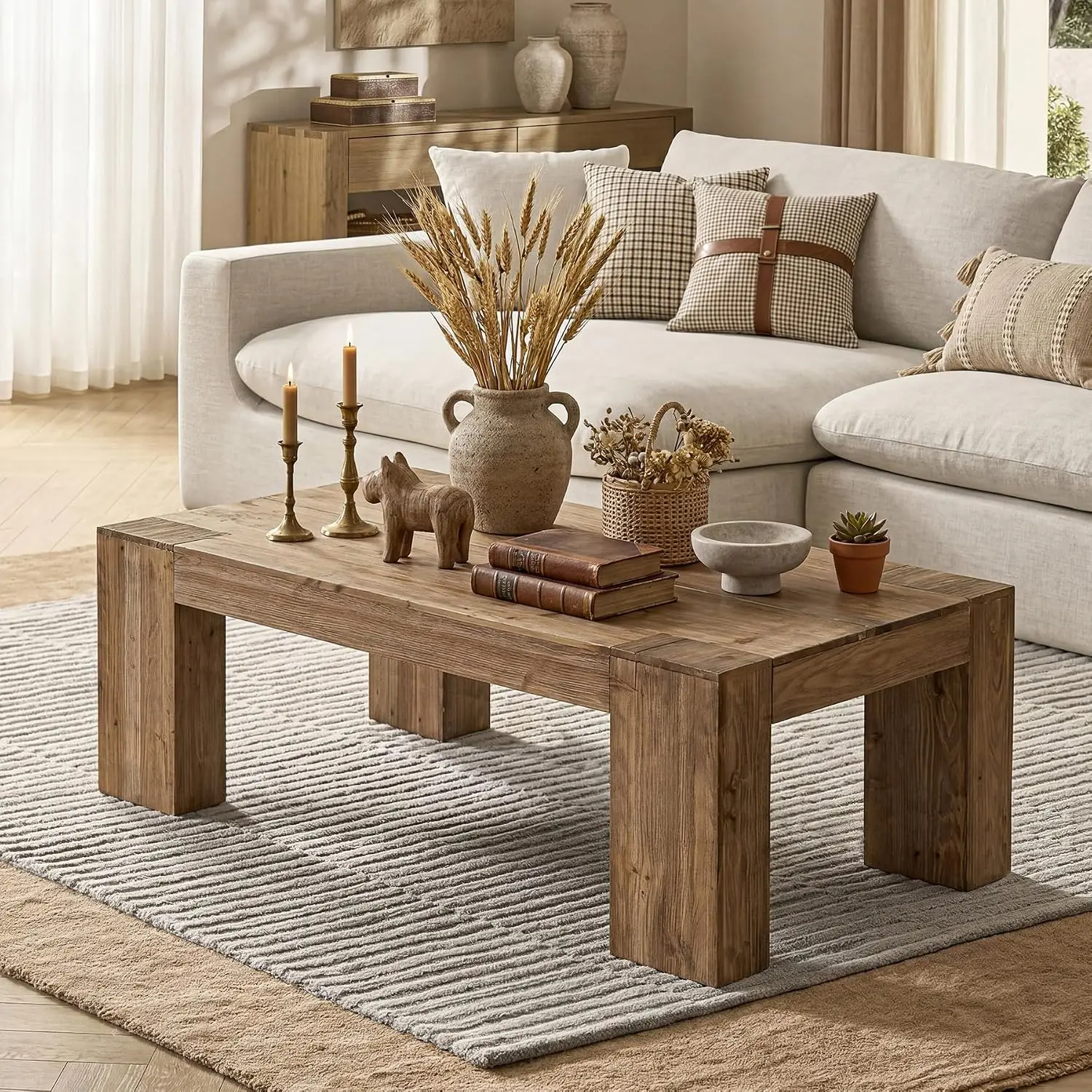 Solid Wood Coffee Table, Modern Farmhouse Wooden Center Table with Heavy-Duty Legs, Rectangle 55.12 Inches Coffee Table, Custom