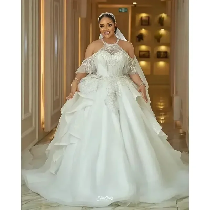 Customized  Off The Shoulder Ballgown Wedding Dress Sweep Train Vestido De Novia Open Back Multi-Layered Ruffles Bridal Gowns