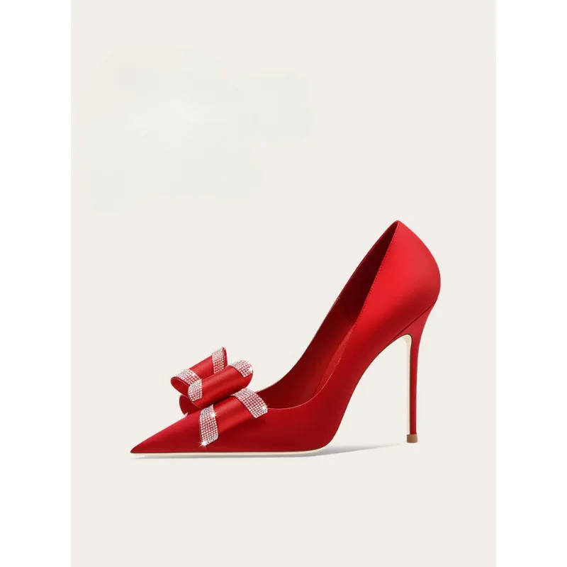 

Elegant Red Satin High Heels Rhinestone Bow Party Dress Shoes for Women