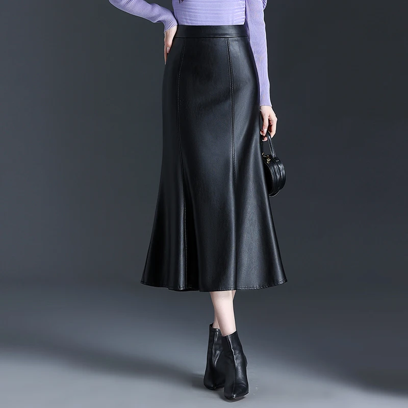 Women Black Long PU Leather Trumpet Skirt Autumn Winter Office Lady Elegant Chic High Waist Mi Length  Bodycon Skirts