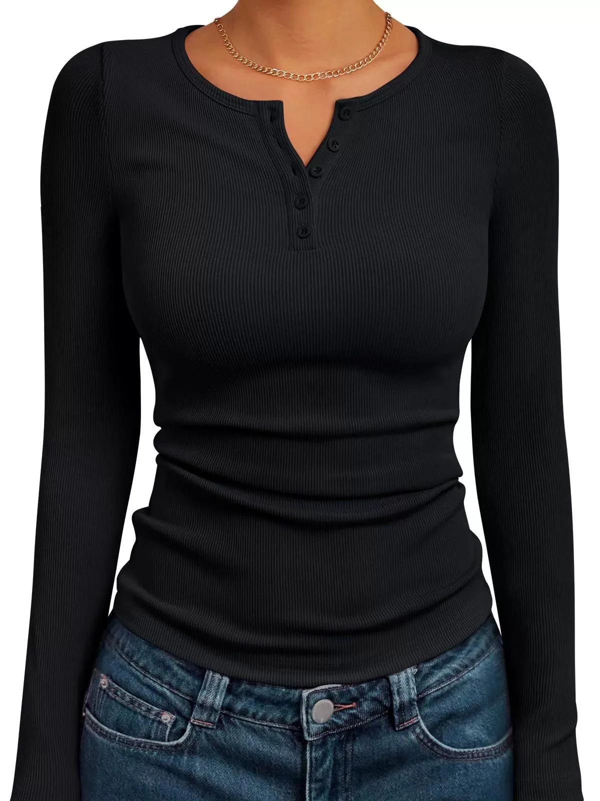 Women's Slim Fit Ribbed Henley Long Sleeve Top - Solid Color Button Front Casual Tee for Autumn Winter