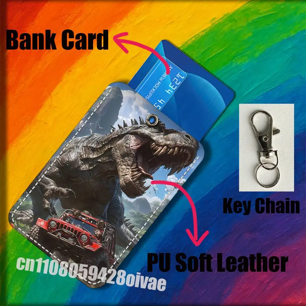 J-Jurassic P-Park Dinosaur World For ID Clips Credit Bank Campus Card Holder Cover Decoration PU Leather Keychain