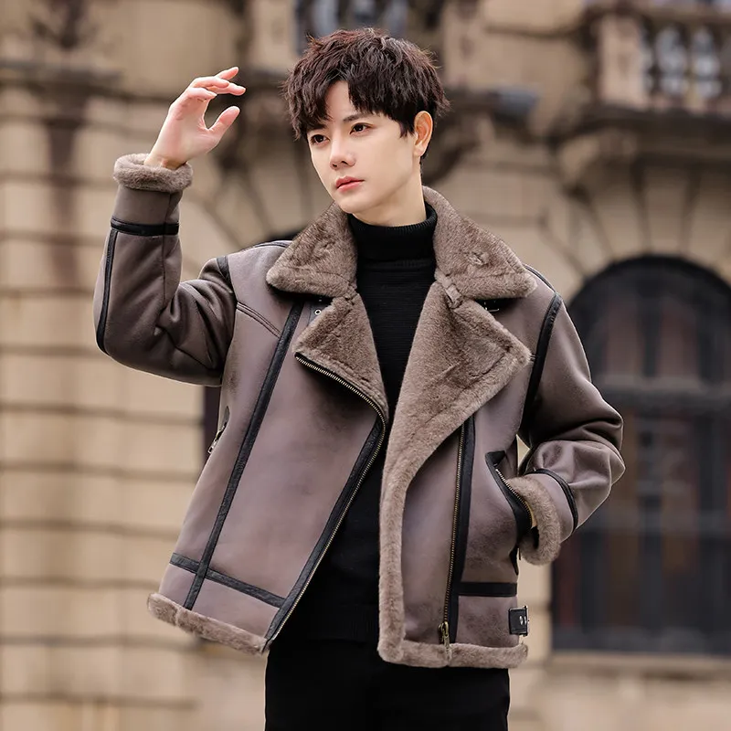 2025 New Men's Loose Suede Jacket Thickened Leather Fur Integrated Flip Collar Premium Feel Outerwear Youth Functional Style ...