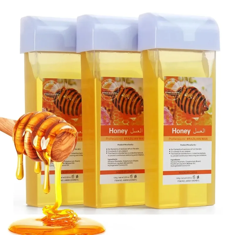 Roll on Hair Removal Wax Kit Portable Wax Heater Honey Roller Wax 100Pcs Depilatory Paper Strips Home DIY Body Waxing Supplies