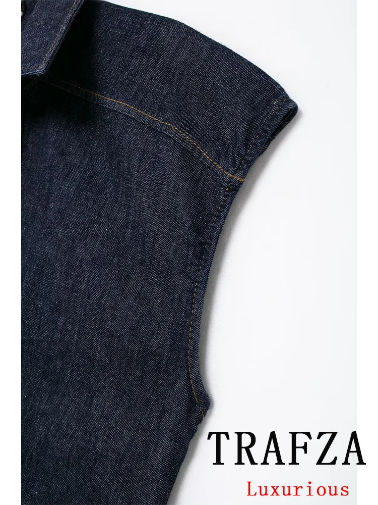 TRAFZA Vintage Chic Denim Pleated Women Dress Solid Sleeveless V Neck Button Straight Vestidos Fashion 2024 Summer Elegant Dress