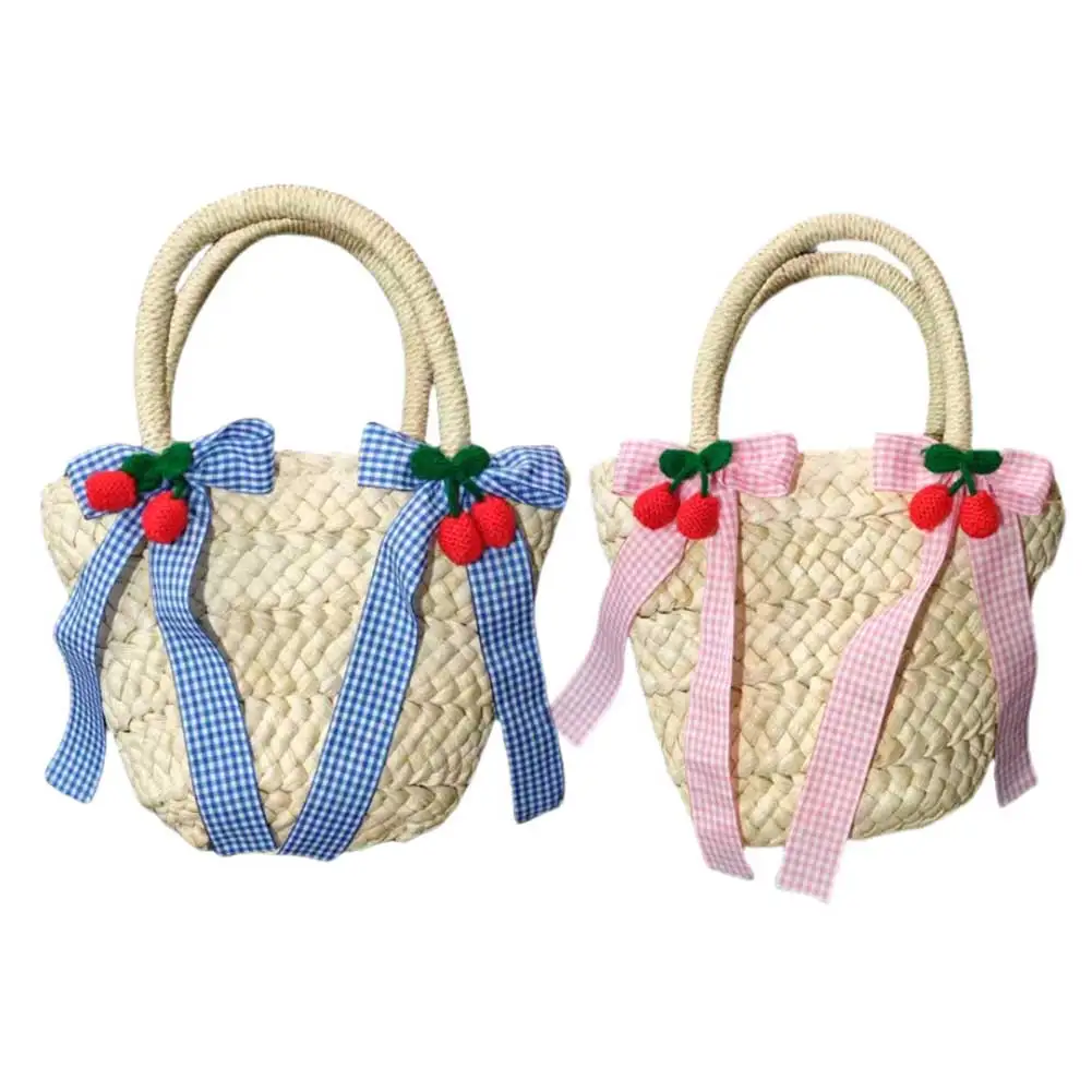 

Женская соломенная сумка ручной работы, плетеная сумка-тоут с регулируемым ремнем, свободная сумка-тоут, сумка через плечо с бантом в виде вишни, летняя пляжная сумка