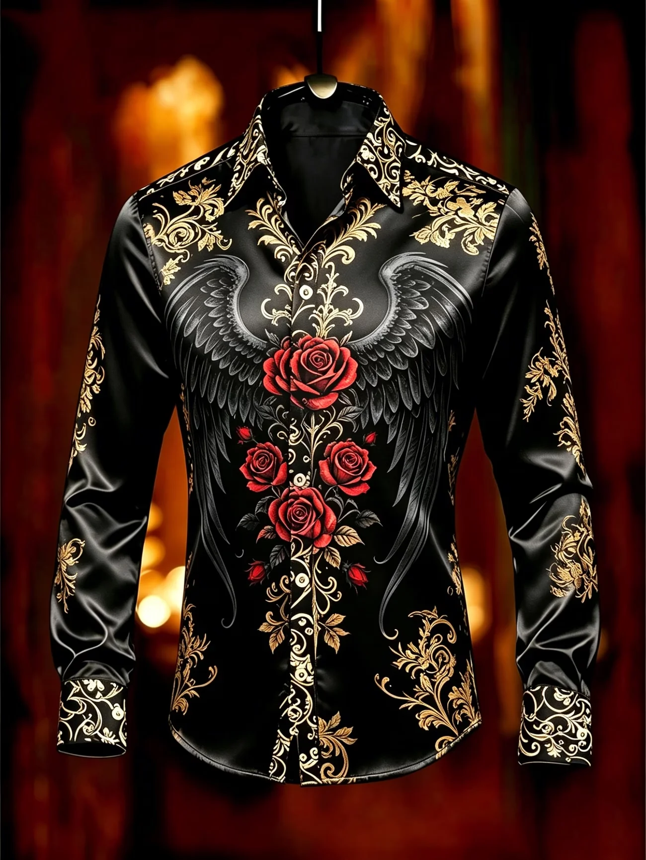 New Golden Phoenix Wave Flame National Style Printed Long Sleeve Shirt with Shiny Satin for Men's Top Clothing