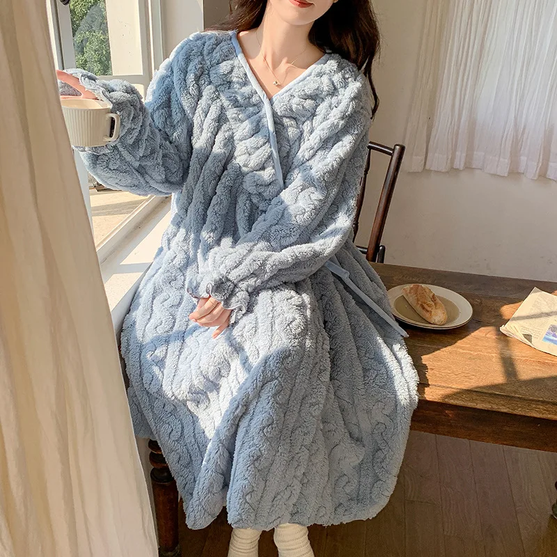 Women Autumn Winter Warm Flannel Nightgown Thickened Long-sleeved Bathrobe Coral Velvet V-neck Lace-up Pajamas Solid Loose