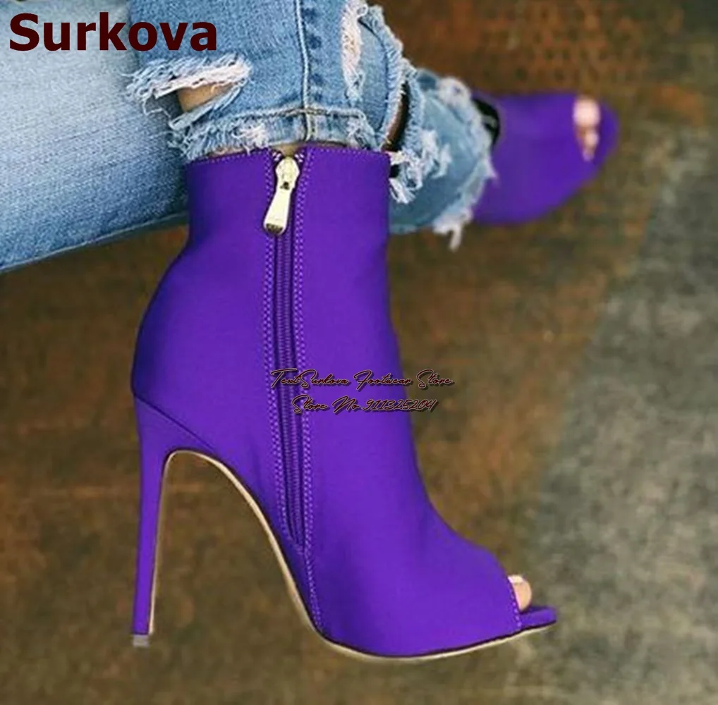 Surkova Purple Neon Yellow Ankle Boots Stiletto Heel Stretch Lycra Fabric Open Toe Short Boots Zipper Gladiator Motorcycle Boot