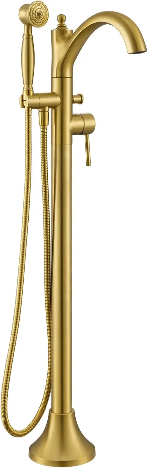 

Brushed Gold Freestanding Tub Faucet with Hand Shower, 360° Swivel Spout, High Flow