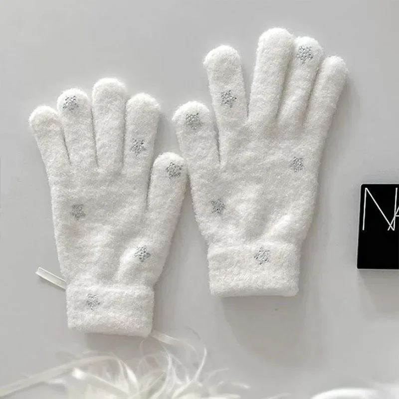 Diamond Rabbit Gloves Winter Thickened Fullfinger Y2K Kawaii Women Lolita Bow Tie Gloves Mittens JK Accessories New Year Gift