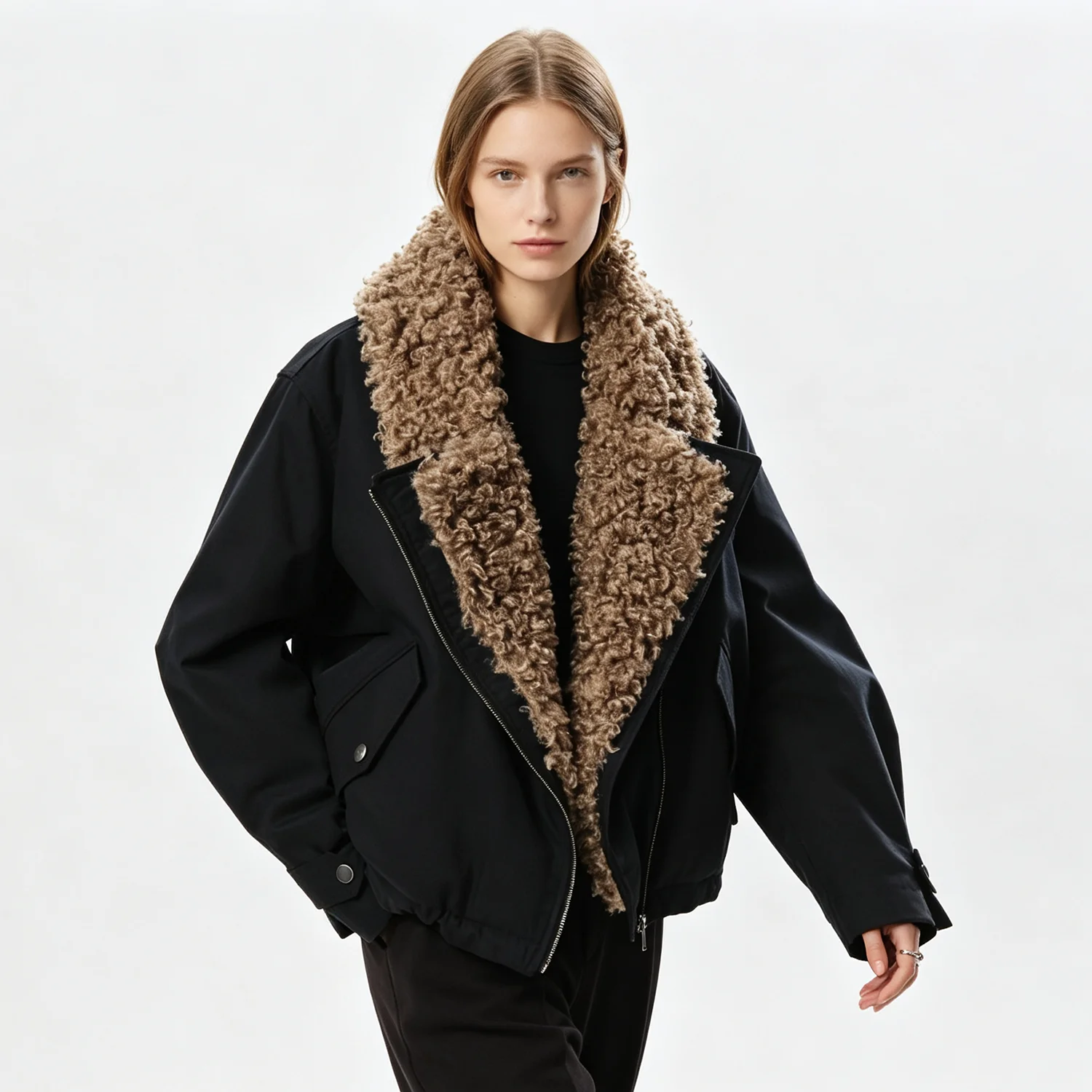 PUAL  2026 Women  Fleece Collar Biker Jacket Asymmetric Zipper Warm Windproof  Casual Outer Coat