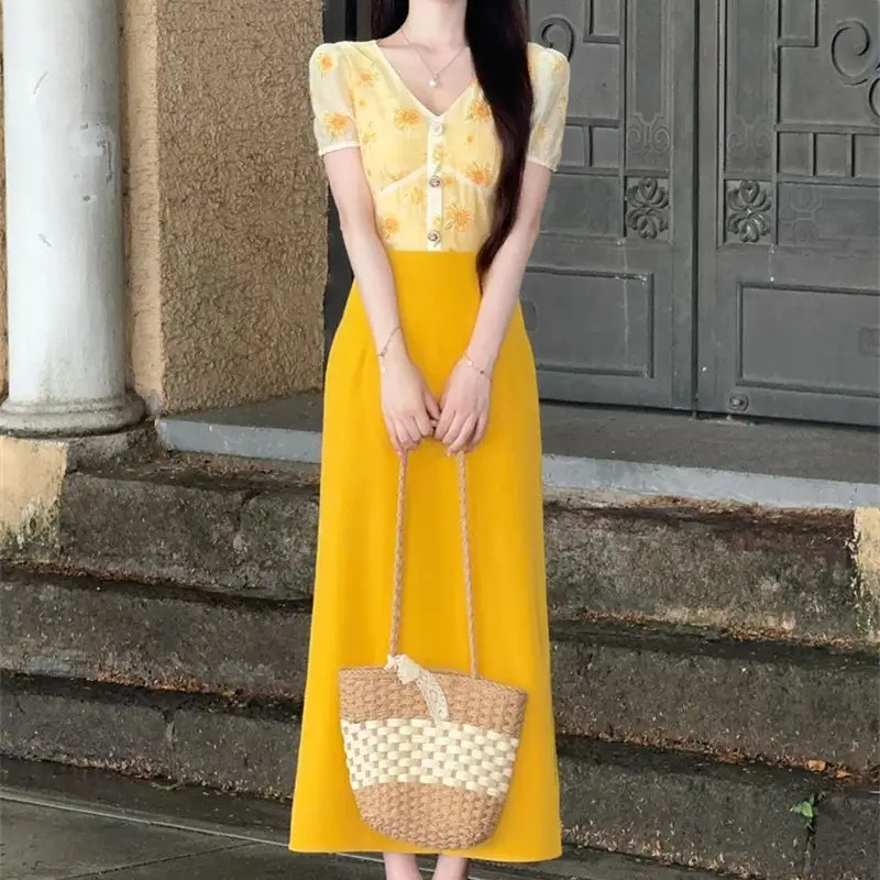 ใหม่แฟชั่นพิมพ์ลายดอกไม้ผู้หญิงฤดูร้อนแฟชั่น Patchwork เอวสูง Midi ชุด Slim Contrast สี Office Lady Vestidos