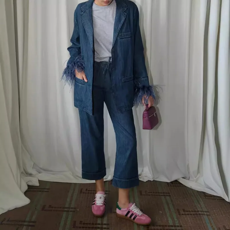 Hong Kong Style Denim Suit Ostrich Fur Coat Autumn And Winter French Minority Cropped Pants Stylish Two-Piece Outfits For Women