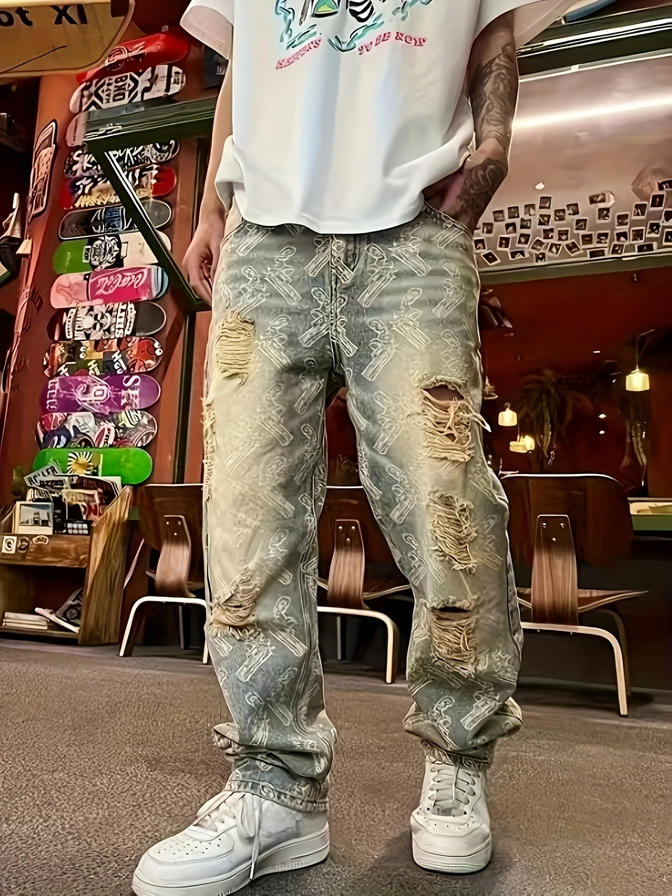 American Street Style Washed Distressed Ripped Jeans für Herren Frühling und Herbst gerade lose europäische und amerikanische High Street Vibe Style lange Hosen