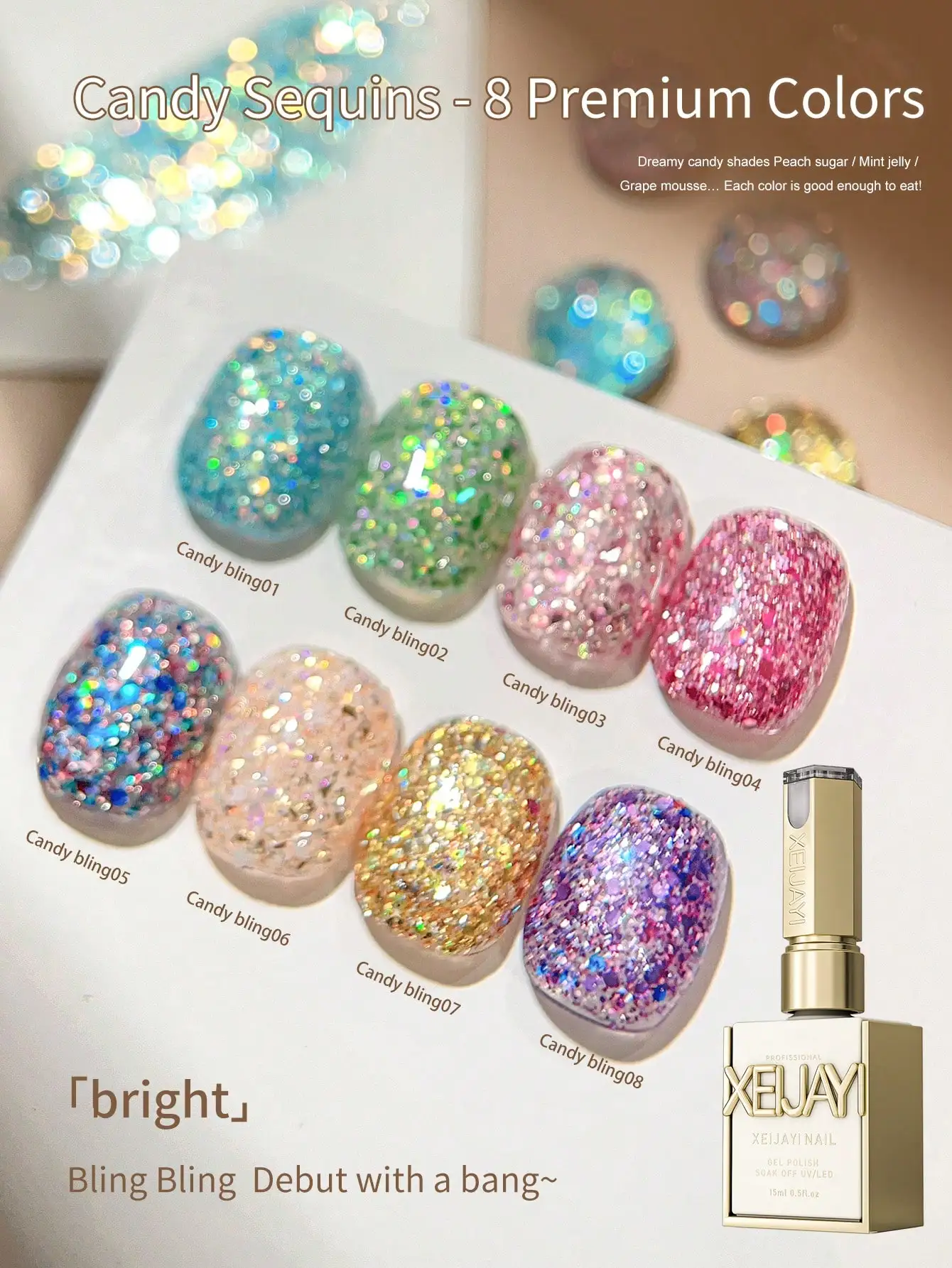 

XEIJAYI 8pcs Candy Color Gel Nail Polish Set, Glitter & Shimmer Soak Off Gel, Long Lasting for Party Wedding Daily Manicure