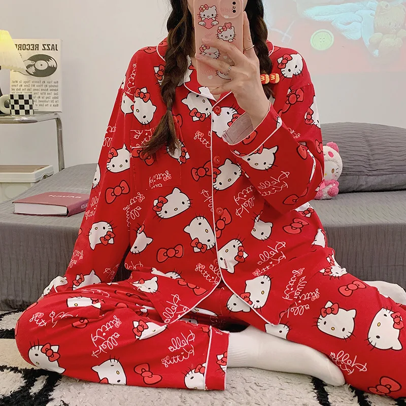 Sanrio Sleepwear Hello Kittys Accessories Cute Kawaii Anime Spring and Autumn Homewear Set Long Sleeve Cardigan Toys Girls Gift