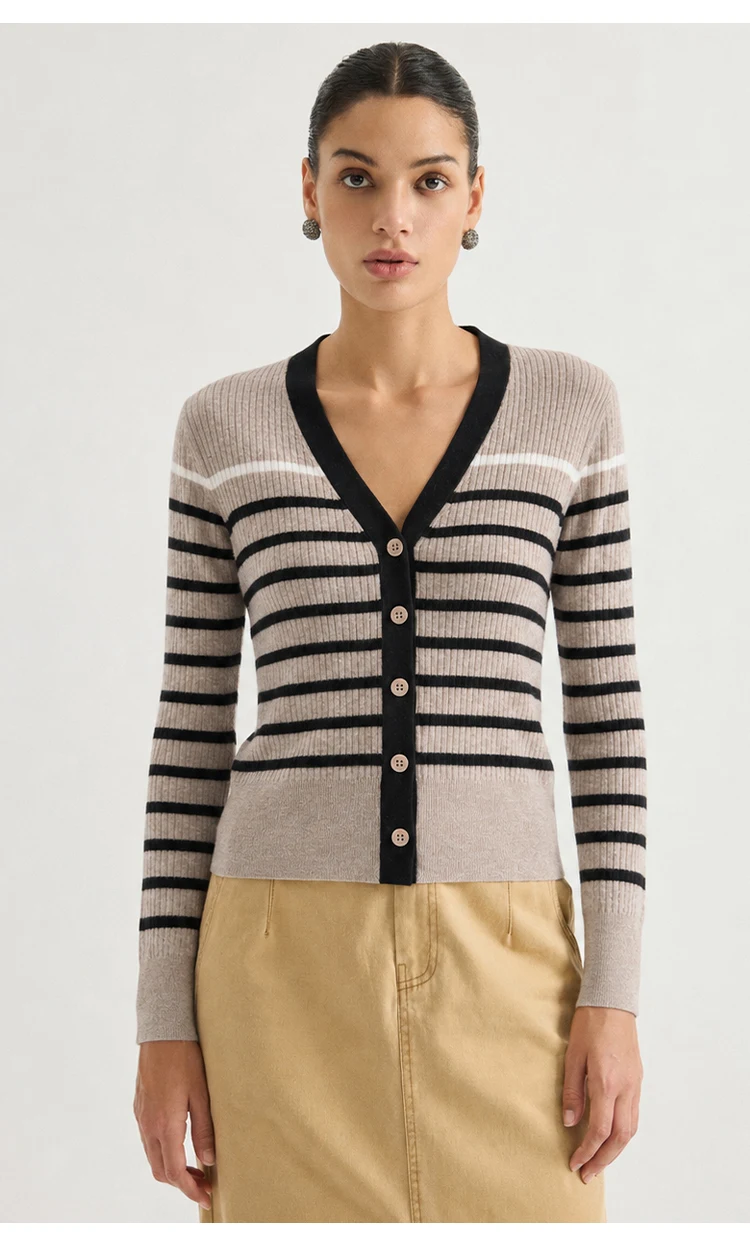 MZ62028 Damen Vintage Gestreifter V-Ausschnitt Gerippter Strick Langarm-Cardigan mit Kontrastbesatz Knopfleiste Modal-Mischung Frühherbst-Pullover – Detail 9