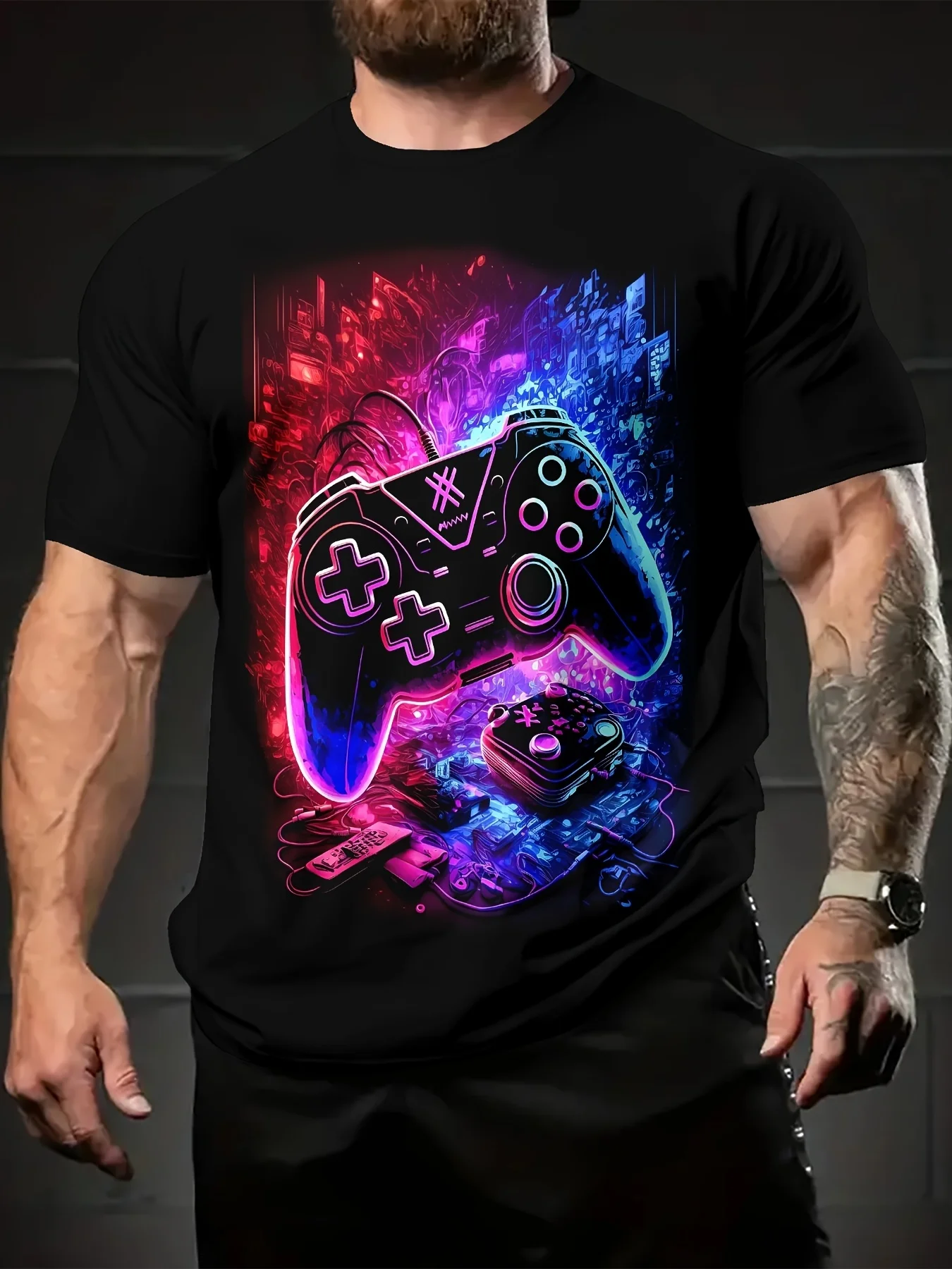 Men's Game-themed Neon Controller Pattern T-shirt, Breathable Knitted Fabric, Summer Casual Short-sleeved Top, Youth Retro Casual Short-sleeved T-shirt, Crew Neck Print