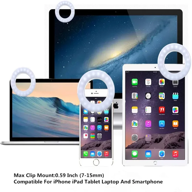 USB Rechargeable Selfie Ring Light Portable LED Clip On Fill Light for Mobile Phone Laptop YouTube Videos