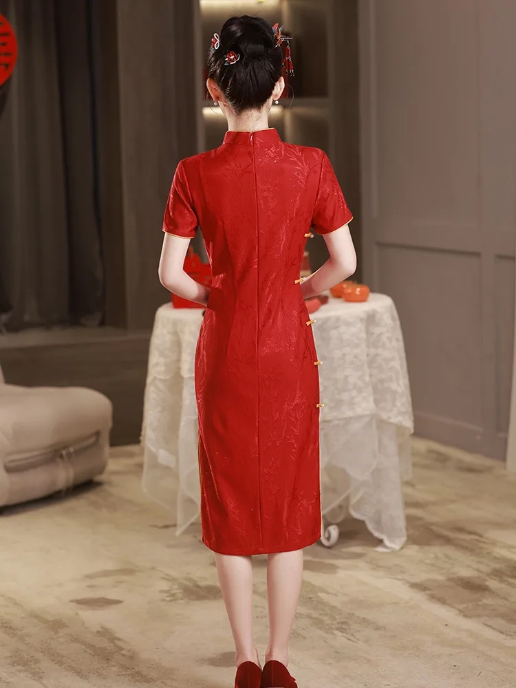 Red Formal Party Dress Summer Women Cheongsam Chinese Traditional Style Qipao Mandarin Collar Daily Elegant Banquet Gown