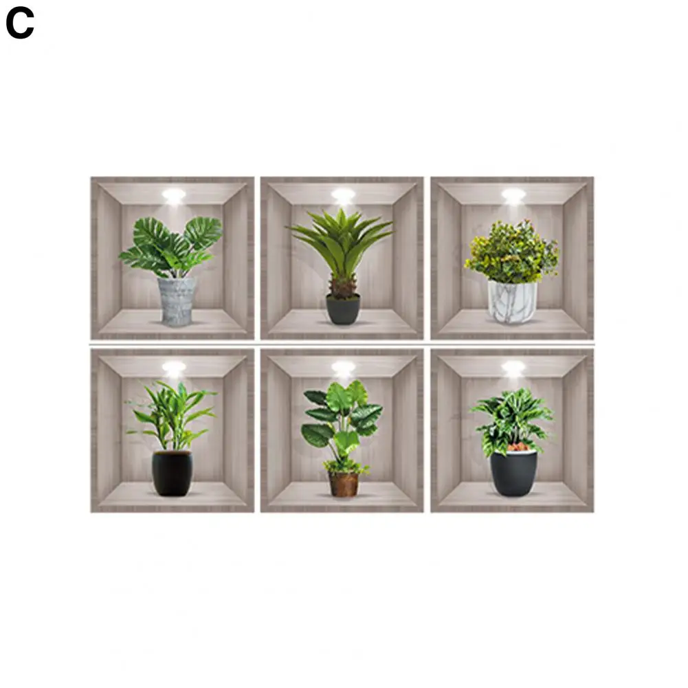 Fade-resistant Wall Decals Stunning Room Decoration 3d Vinyl Wall Sticker with Vases Design Green Plants Flower for Simple