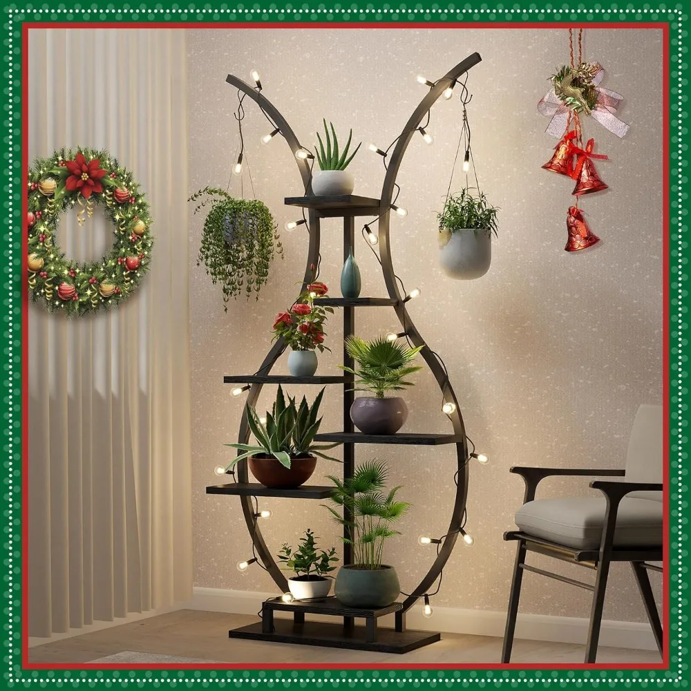 YOLENY 6 Tier Plant Stand Indoor, Vase-Shape Plant Shelf with Hanging Hook, Multiple Planter Display for Home Decor, Living Room