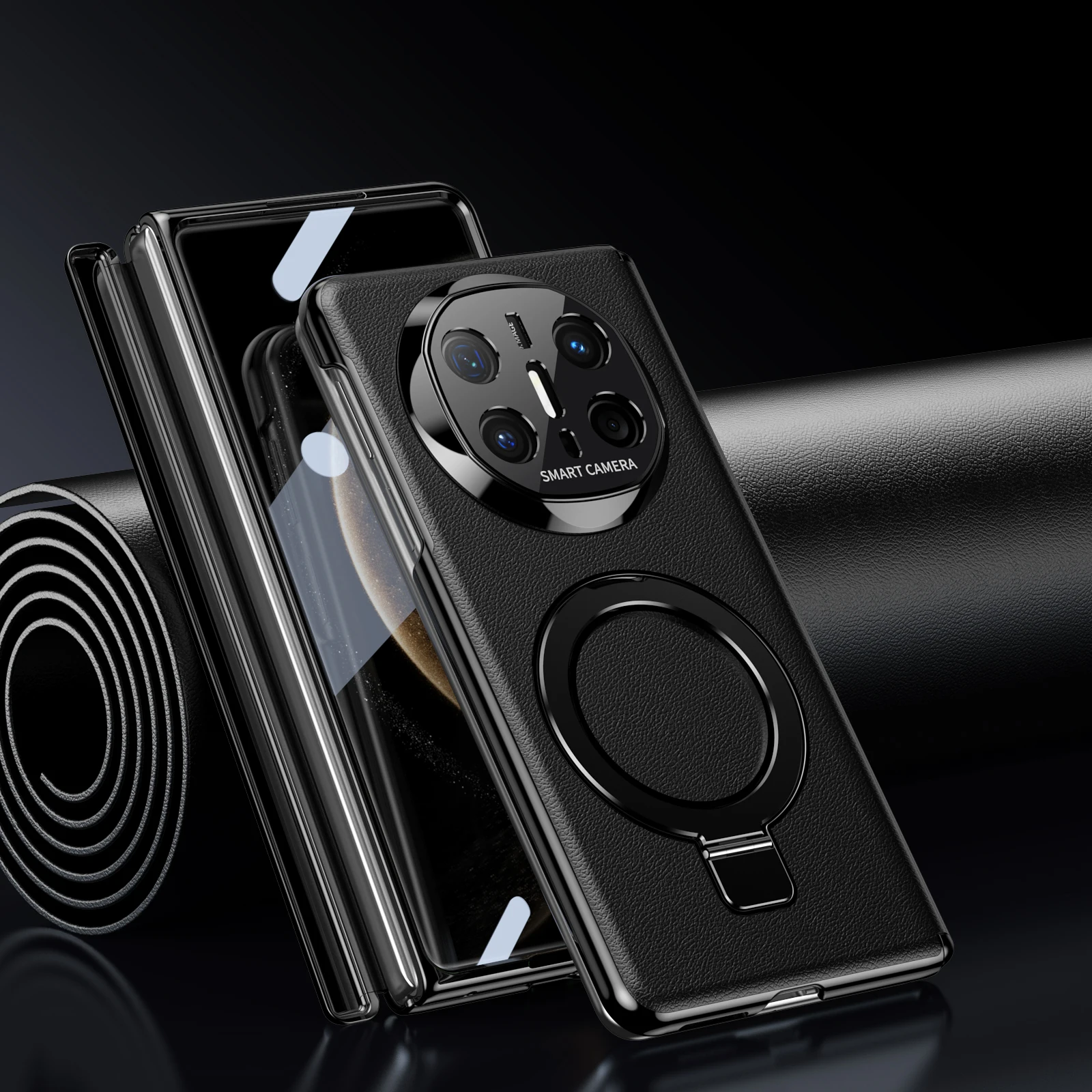 

Business Style Pivot Magnetic Leather Case For Huawei Mate X5 X6 Bracket Cover Alloy Stand Ring With Glass Screen Protector