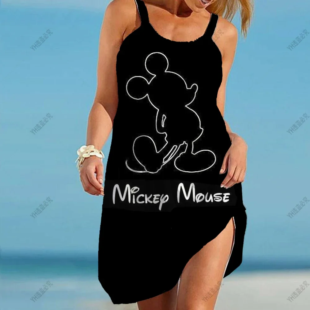 Women Vintage Sling Beachwear Summer Fashion Party DressDisney Minnie Mickey Mouse Sexy 3D Dyed Rainbow Straps Beach Dress