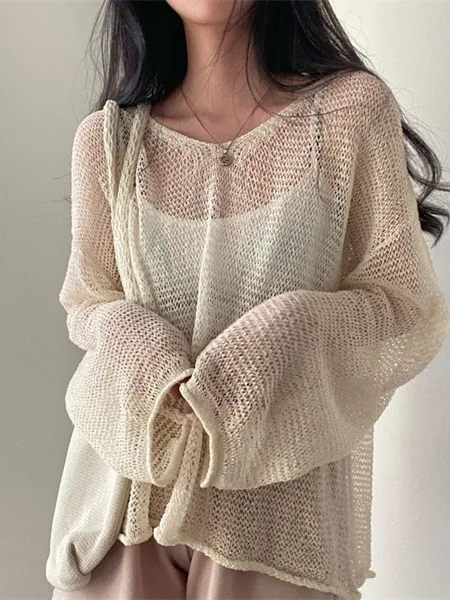 

Women's Vintage Long Sve Hollow out Thin Knitted Cardigan Me Knitwear Transparent Casual Sle Polyester Fiber Cardigan