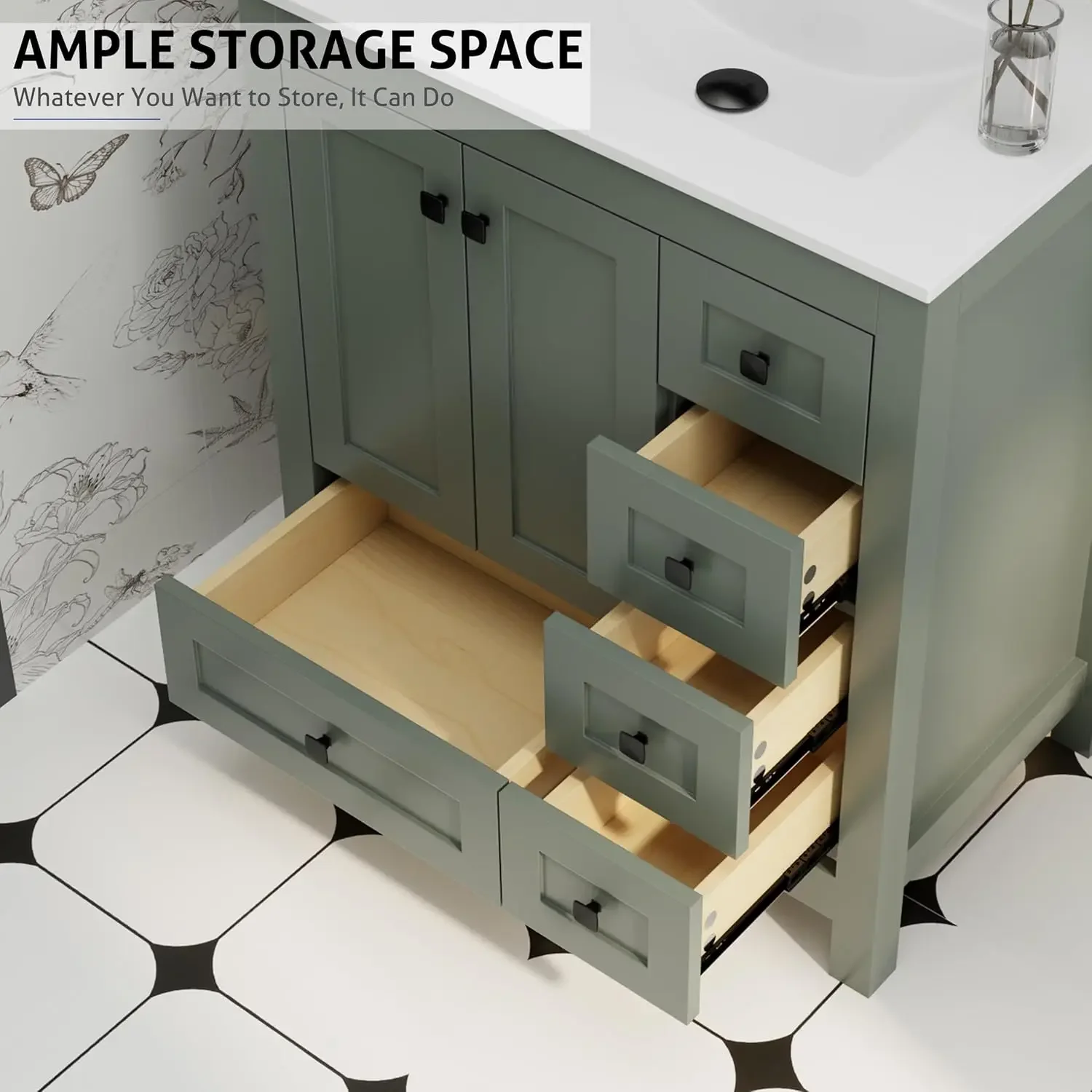 [عرض لفترة محدودة، اشترِ الآن! ]ورود حمام مقاس 30 بوصة مع مجموعة حوض، وخزانة تخزين حمام خشبية سميكة حديثة مع حامل سفلي