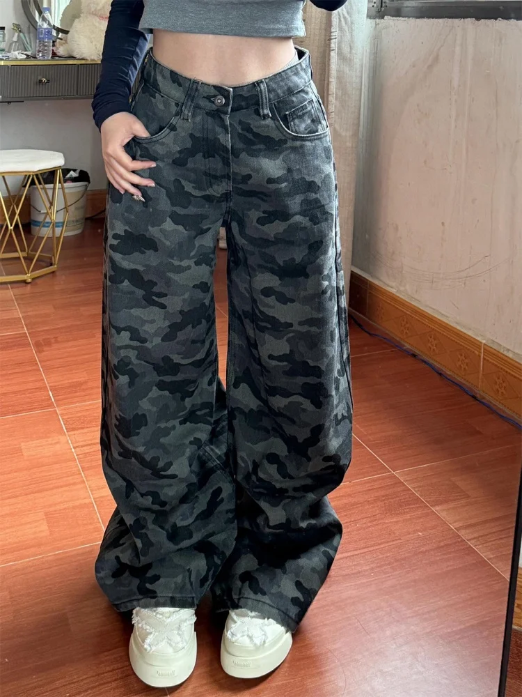 plus Size American Sle Fce Lined Thiened Camouflage Denim Pants Women's Autumn Winter High Waist Loose Straight Workwe...