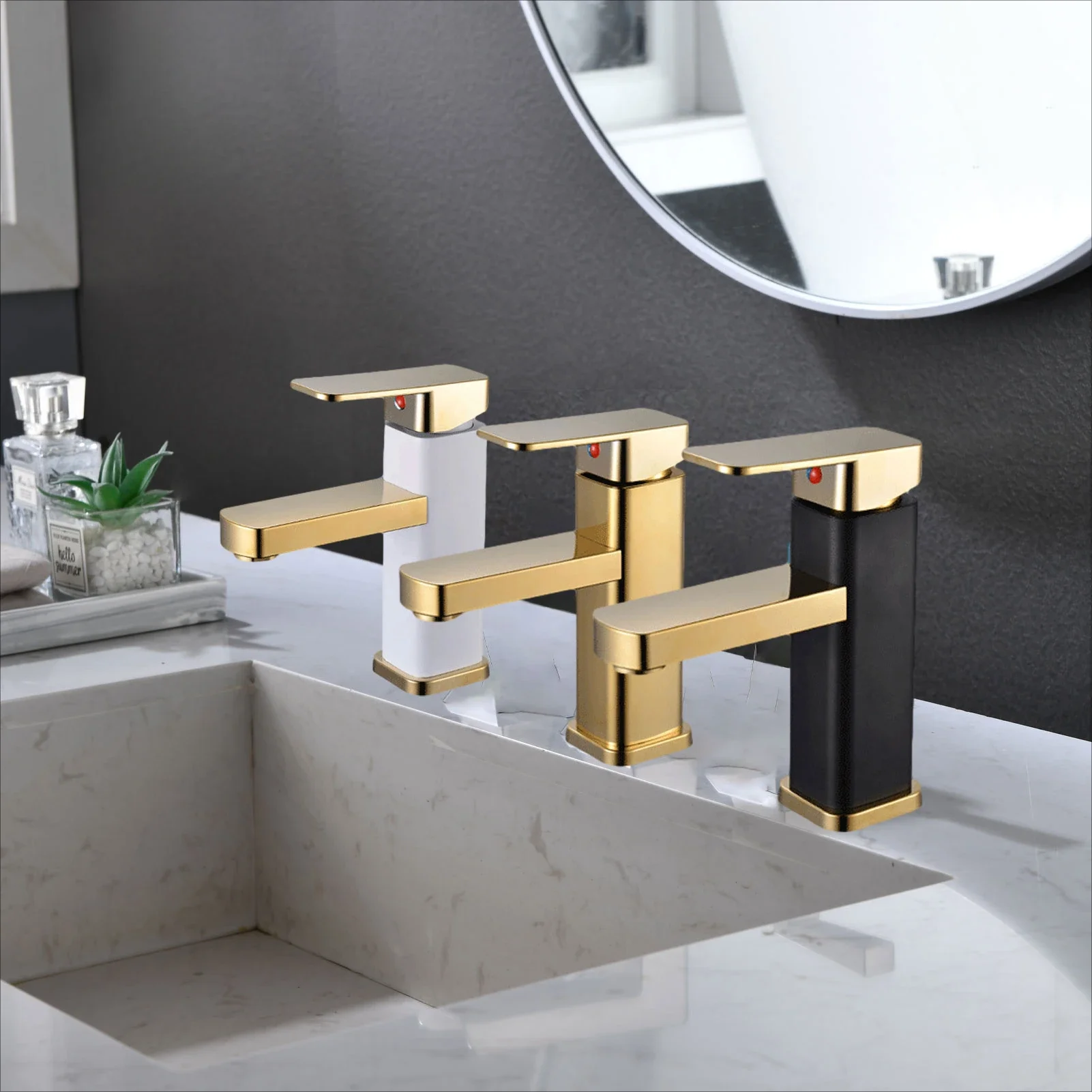 Gold Bathroom Faucet with Stainless Steel Handle Hot and Cold Water Mixer Square Design Beautiful for Modern Bathrooms