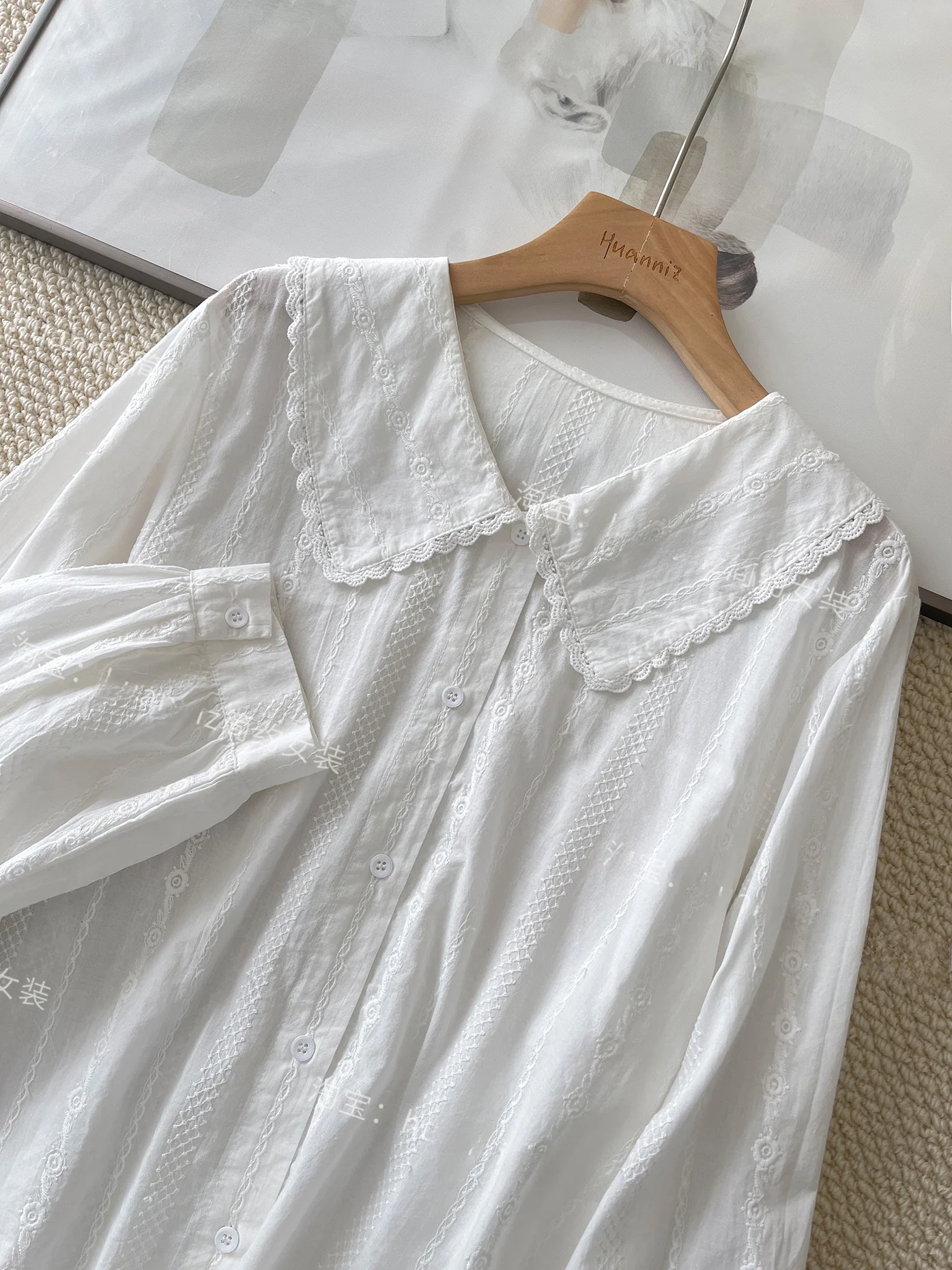 

Korean Sle Embroidered Long Sve Ruffle Collar Cotton irt for Girls Anti-Aging Loose Fit Lantern Sve Pure Cotton