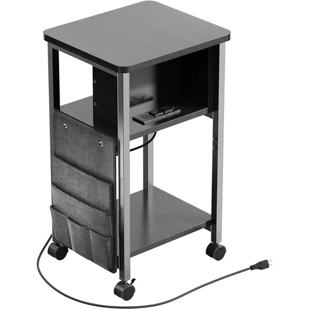 

Nightstand with Charger, Side Table on Wheels, Mobile Nightstand with USB Ports, Black Side Table with Storage