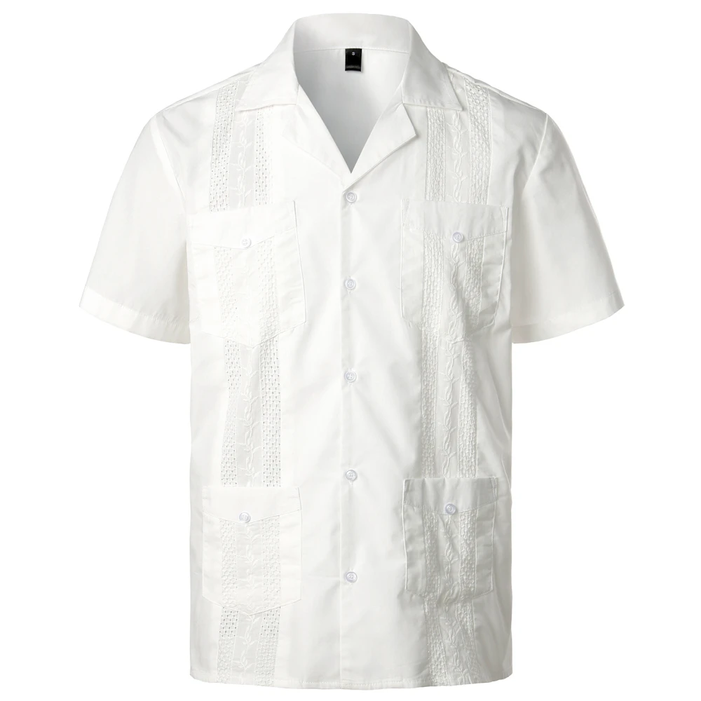 Men\'s Short Sleeve Cuban Guayabera Shirt Button Up Lapel Collar Embroidery Shirts Mexican Caribbean Style Beach Wedding Shirt