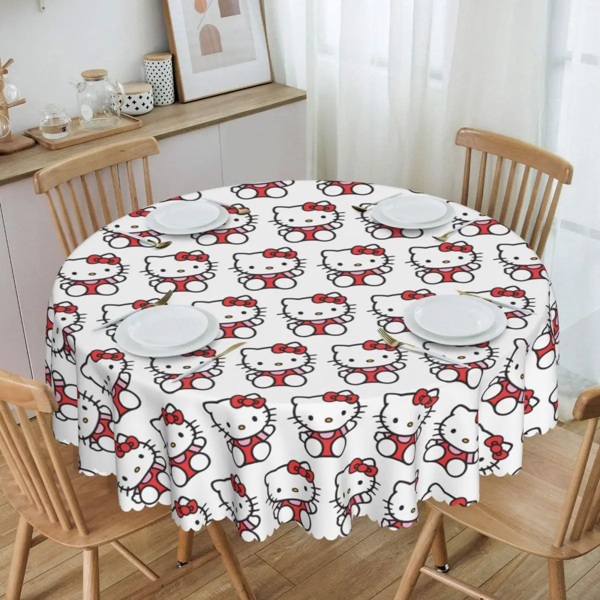 

Custom Round Cartoon Hello Kitty Tablecloth Waterproof Oil-Proof Table Covers 60 inches Kitty White Table Cloth