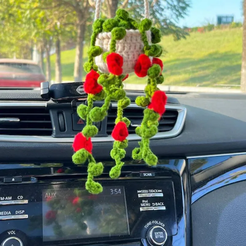 Handmade Hand Knitted Car Decor Car Basket Hanging Crochet Potted Pendant Car Potted Plants Pendant Plant Crochet Pendant