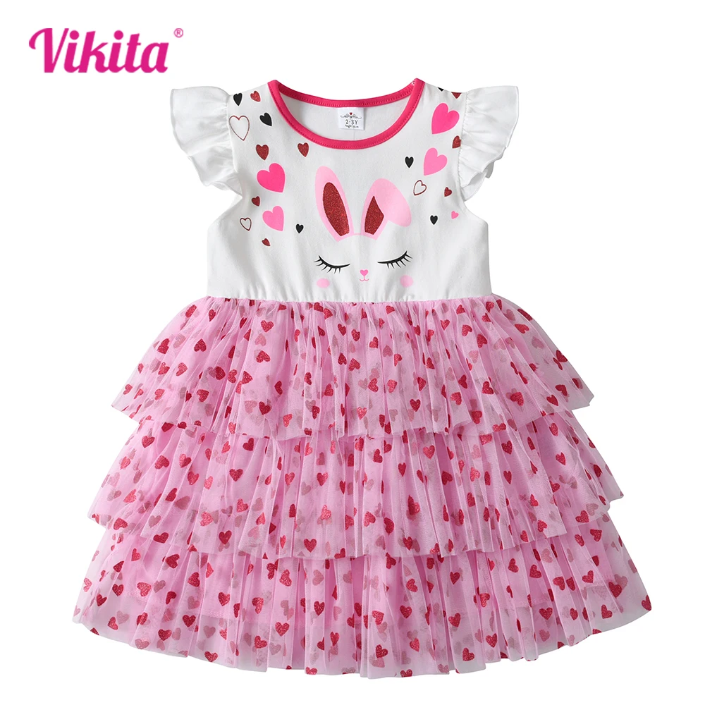 VIKITA Kids Rabbit Cartoon Print Dress Kids Heart Shape Dresses Girls Summer Flare Sleeve Vestidos Girls Mesh Layered Dresses