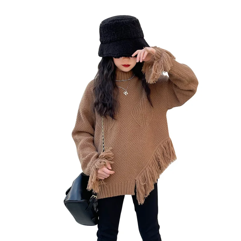 Winter Girls Sweater Tops Asymmetrical Tassel Design Khaki Fashion Warm Sweater for Girls 5 7 9 11 12 13 Yrs Children\'s Clothing