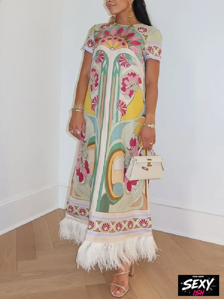 Women Art Floral Print Feather Hem Maxi Dress Crew Neck Short Sleeve Loose Fit Dresses 2026 Summer Fashion Elegant Lady Vestidos