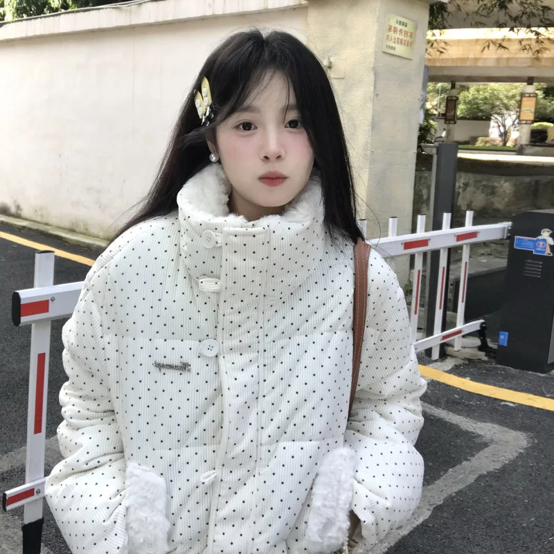 Kawaii Polka Dot Down Cotton Jacket Korean Button Patchwork Corduroy Short Parkas Y2K Stand Collar Puffer Warm Jacket