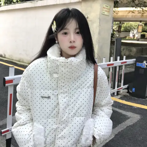 Kawaii Polka Dot Down Cotton Jacket Korean Button Patchwork Corduroy Short Parkas Y2K Stand Collar Puffer Warm Jacket